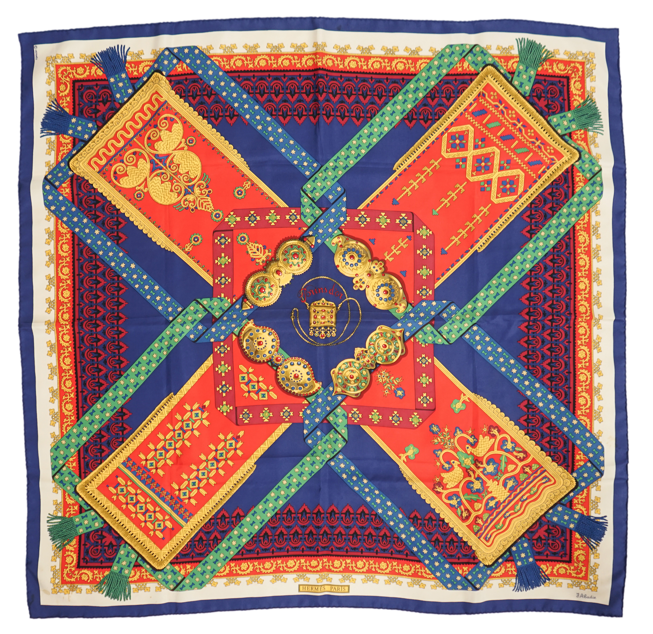 A Hermès Brins D'or silk scarf by Julia Abadie, 90cm x 90cm